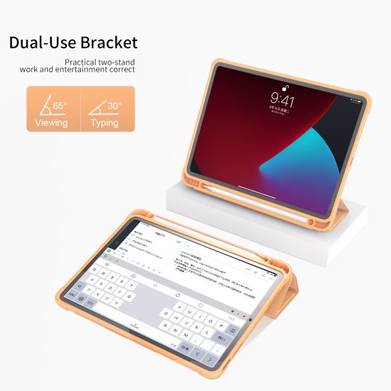 Tri-fold Stand PU Leather Smart Case with Pencil Holder priekš Apple iPad Pro 11 (2018) / Air 4 (2020) / Air 5 (2022) - Zelts - sāniski atverams maciņš ar stendu