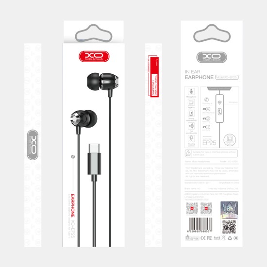 XO EP25 Wired Stereo Earphones with Remote and Mic USB Type-C - Baltas - Universālas stereo austiņas ar mikrofonu