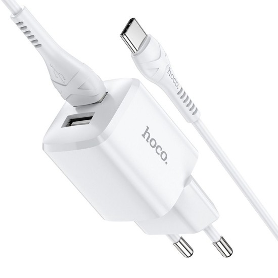 Hoco N8 2xUSB 2.4A / 12W Travel Charger with USB to Type-C Cable - Balts - USB tīkla lādētājs ar USB uz USB-C vadu