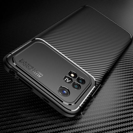 Beetle Series Carbon Fiber TPU Protection Phone Cover priekš Xiaomi Poco M4 Pro 4G - Melns - triecienizturīgs silikona aizmugures apvalks / bampers-vāciņš