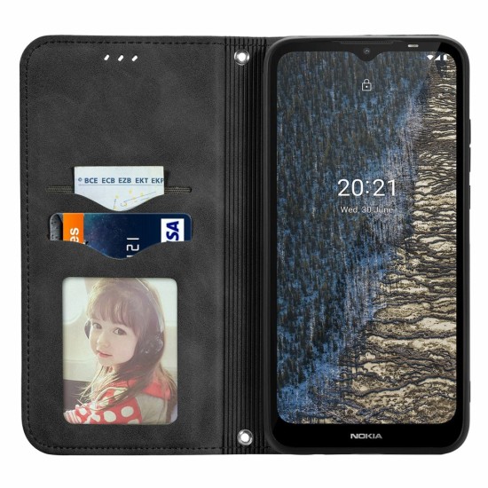 Vintage Style Skin-touch PU Leather Phone Case with Card Holder priekš Nokia C20 - Melns - sāniski atverams maciņš ar magnētu un stendu
