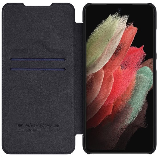 NILLKIN Qin Series Card Holder Leather Flip Case priekš Samsung Galaxy S21 FE 5G G990 - Melns - sāniski atverams maciņš
