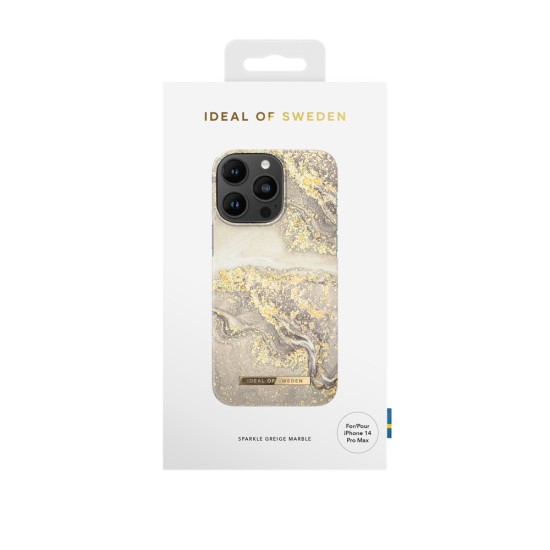 iDeal of Sweden Fashion SS19 Back Case priekš Apple iPhone 14 Pro Max - Sparkle Greige Marble - plastikāta aizmugures apvalks ar iebūvētu metālisku plāksni / bampers-vāciņš