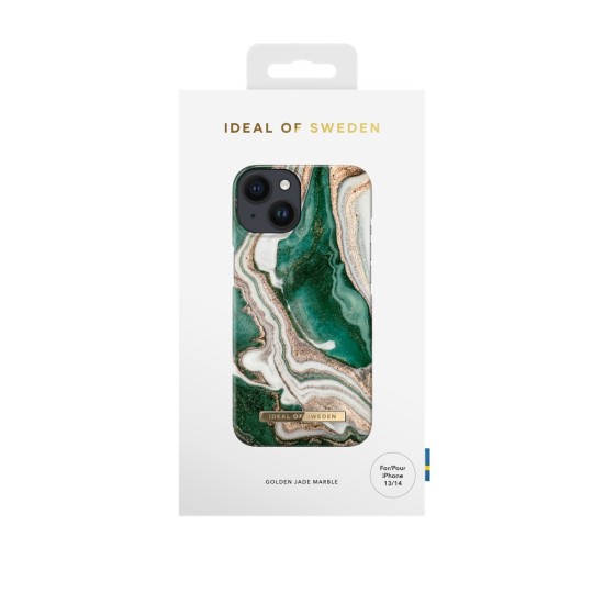 iDeal of Sweden Fashion AW18 Back Case priekš Apple iPhone 14 - Golden Jade Marble - plastikāta aizmugures apvalks ar iebūvētu metālisku plāksni / bampers-vāciņš