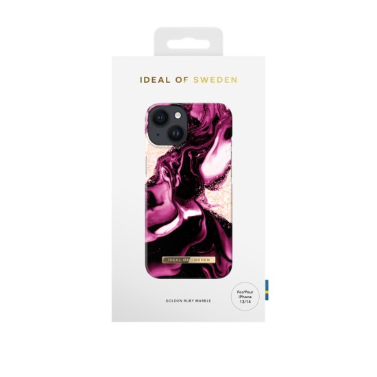 iDeal of Sweden Fashion AW21 Back Case priekš Apple iPhone 14 - Golden Ruby Marble - plastikāta aizmugures apvalks ar iebūvētu metālisku plāksni / bampers-vāciņš