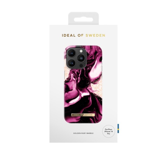 iDeal of Sweden Fashion AW21 Back Case priekš Apple iPhone 14 Pro - Golden Ruby Marble - plastikāta aizmugures apvalks ar iebūvētu metālisku plāksni / bampers-vāciņš