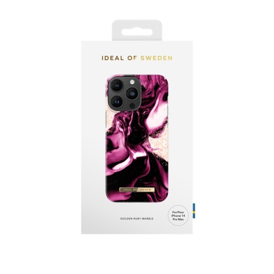 iDeal of Sweden Fashion AW21 Back Case priekš Apple iPhone 14 Pro Max - Golden Ruby Marble - plastikāta aizmugures apvalks ar iebūvētu metālisku plāksni / bampers-vāciņš