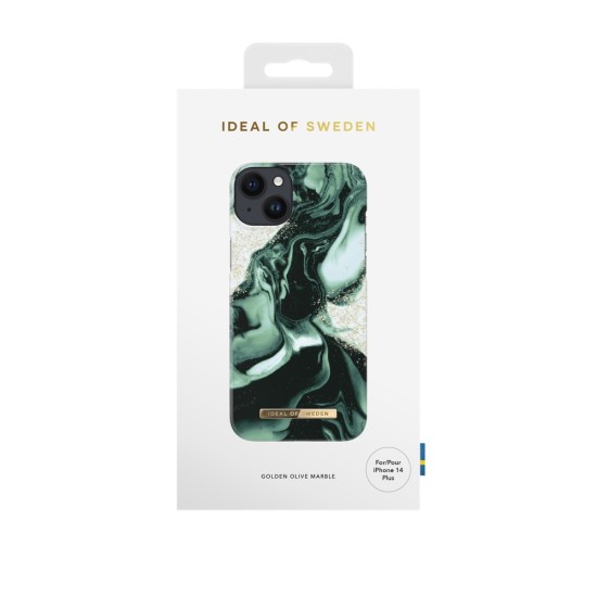iDeal of Sweden Fashion AW21 Back Case priekš Apple iPhone 14 Plus - Golden Olive Marble - plastikāta aizmugures apvalks ar iebūvētu metālisku plāksni / bampers-vāciņš