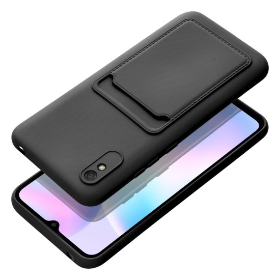 Forcell Card Back Case priekš Xiaomi Redmi 9A - Melns - silikona aizmugures apvalks ar kabatiņu / bampers-vāciņš