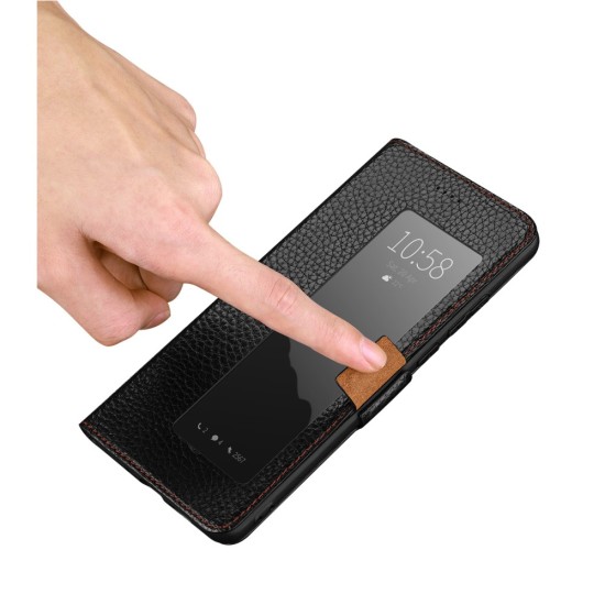 Genuine Leather Litchi Texture Smart Clear View Book Case priekš Huawei P30 Pro - Melns - sāniski atverams grāmatveida maciņš ar magnētu stendu
