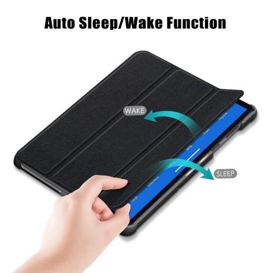 Tri-fold Stand PU Smart Auto Wake/Sleep Leather Case priekš Lenovo Tab M10 3rd Gen TB-328 - Melns - sāniski atverams maciņš ar stendu