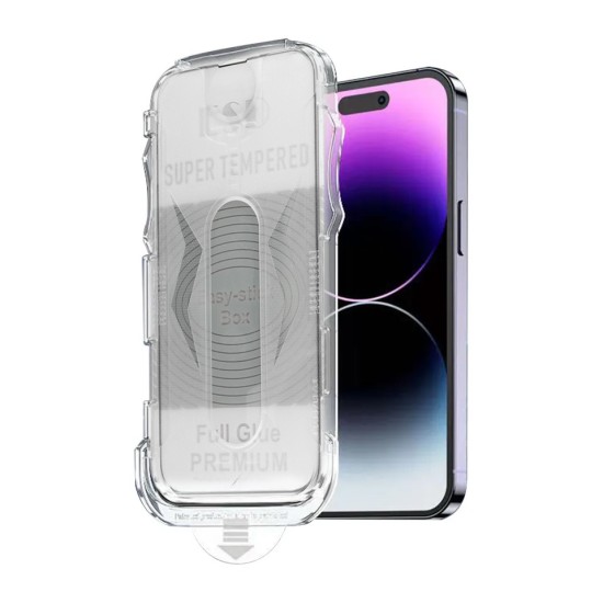 Easy-Stick Box Full Glue Tempered Glass screen protector priekš Apple iPhone 12 Pro Max - Melns - Ekrāna Aizsargstikls / Bruņota Stikla Aizsargplēve