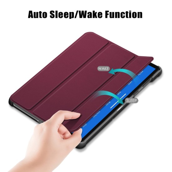 Tri-fold Stand PU Smart Auto Wake/Sleep Leather Case priekš Lenovo Tab M10 HD X306 - Bordo - sāniski atverams maciņš ar stendu
