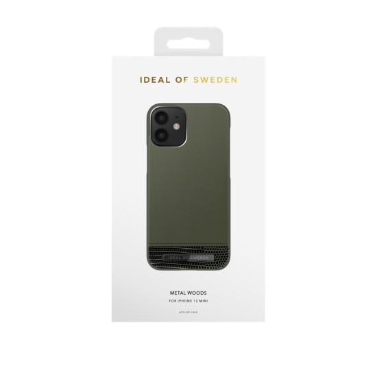 iDeal of Sweden Atelier AW20 Back Case priekš Apple iPhone 12 mini - Metal Woods - mākslīgās ādas aizmugures apvalks ar iebūvētu metālisku plāksni / bampers-vāciņš