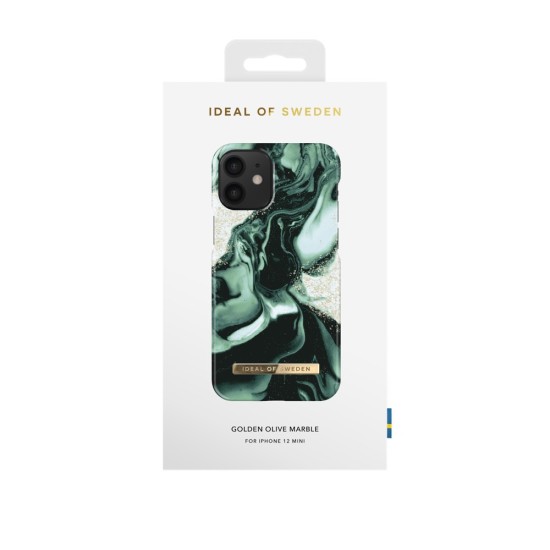 iDeal of Sweden Fashion AW21 Back Case priekš Apple iPhone 12 mini - Golden Olive Marble - plastikāta aizmugures apvalks ar iebūvētu metālisku plāksni / bampers-vāciņš