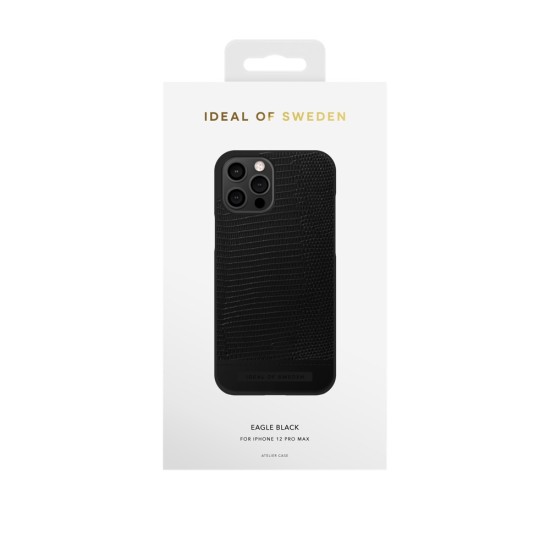 iDeal of Sweden Atelier AW20 Back Case priekš Apple iPhone 12 Pro Max - Eagle Black - mākslīgās ādas aizmugures apvalks ar iebūvētu metālisku plāksni / bampers-vāciņš