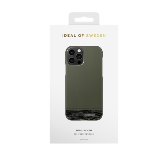 iDeal of Sweden Atelier AW20 Back Case priekš Apple iPhone 12 / 12 Pro - Metal Woods - mākslīgās ādas aizmugures apvalks ar iebūvētu metālisku plāksni / bampers-vāciņš