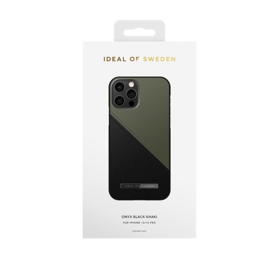 iDeal of Sweden Atelier AW21 Back Case priekš Apple iPhone 12 / 12 Pro - Onyx Black Khaki - mākslīgās ādas aizmugures apvalks ar iebūvētu metālisku plāksni / bampers-vāciņš