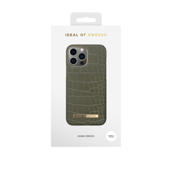 iDeal of Sweden Atelier AW21 Back Case priekš Apple iPhone 13 Pro Max - Khaki Croco - mākslīgās ādas aizmugures apvalks ar iebūvētu metālisku plāksni / bampers-vāciņš