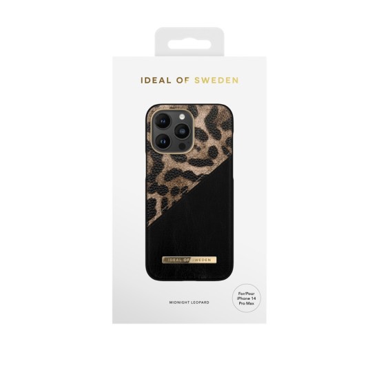 iDeal of Sweden Atelier AW21 Back Case priekš Apple iPhone 14 Pro Max - Midnight Leopard - mākslīgās ādas aizmugures apvalks ar iebūvētu metālisku plāksni / bampers-vāciņš