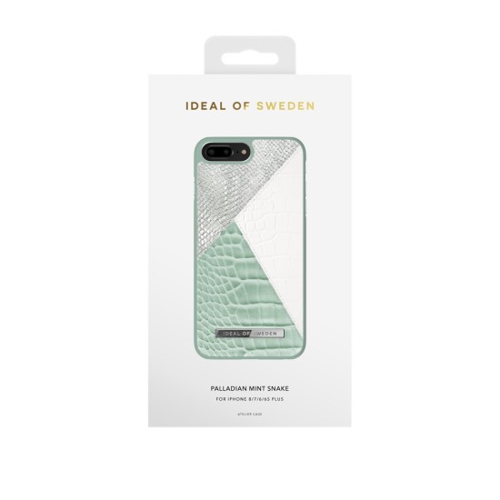 iDeal of Sweden Atelier SS21 Back Case priekš Apple iPhone 7 Plus / 8 Plus - Palladian Mint Snake - mākslīgās ādas aizmugures apvalks ar iebūvētu metālisku plāksni / bampers-vāciņš