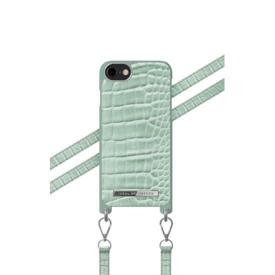 iDeal of Sweden Atelier Necklace SS21 Back Case priekš Apple iPhone 7 / 8 / SE2 (2020) / SE3 (2022) - Mint Croco - mākslīgās ādas aizmugures apvalks ar siksniņu / bampers-vāciņš