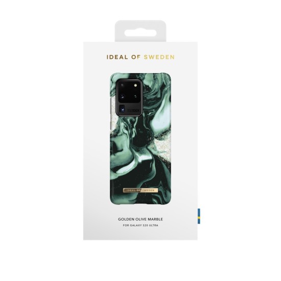 iDeal of Sweden Fashion AW21 Back Case priekš Samsung Galaxy S20 Ultra 5G G988 - Golden Olive Marble - plastikāta aizmugures apvalks ar iebūvētu metālisku plāksni / bampers-vāciņš