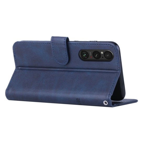 Calf Wallet Stand Leather Book Case priekš Sony Xperia 1 V - Zils - sāniski atverams maciņš ar magnētu un stendu