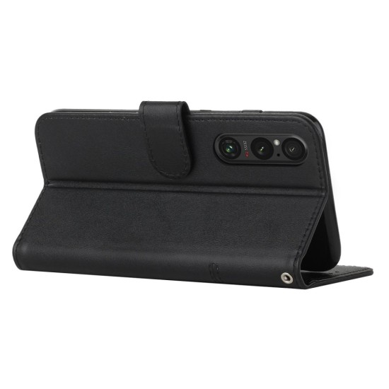 Calf Wallet Stand Leather Book Case priekš Sony Xperia 10 V - Melns - sāniski atverams maciņš ar magnētu un stendu