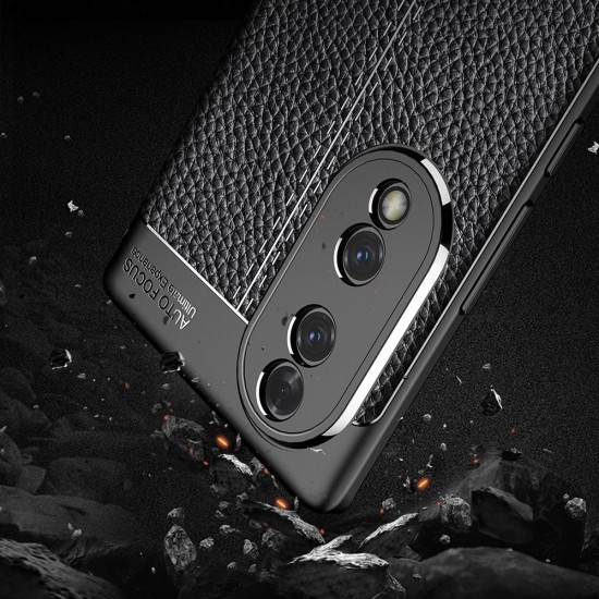 Litchi Skin PU Leather Coated TPU Mobile Phone Case priekš Huawei Honor Magic4 Pro - Melns - ādas imitācijas triecienizturīgs silikona aizmugures apvalks (maciņš, bampers, vāciņš, slim cover, bumper, back case)
