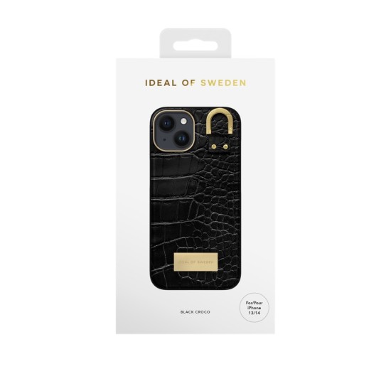 iDeal of Sweden Atelier SS22 Back Case priekš Apple iPhone 14 - Black Croco - mākslīgās ādas aizmugures apvalks ar iebūvētu metālisku plāksni / bampers-vāciņš