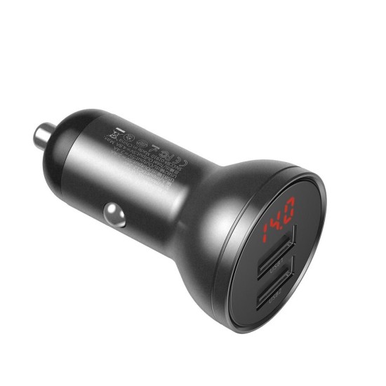 Baseus Digital Display 2xUSB 4.8A / 24W Car Charger - Pelēks - USB Auto lādētājs telefoniem un planšetdatoriem