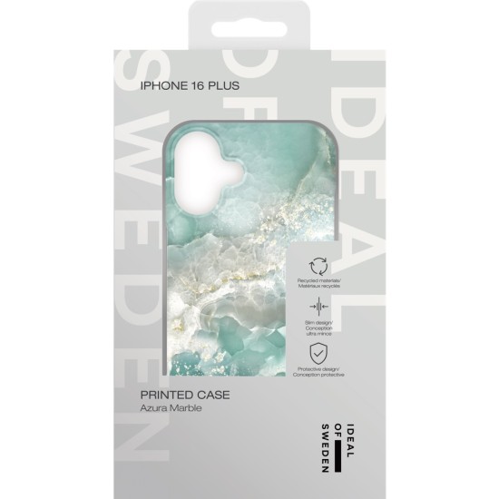 iDeal of Sweden Fashion Back Case priekš Apple iPhone 16 Plus - Azura Marble - plastikāta aizmugures apvalks ar iebūvētu metālisku plāksni / bampers-vāciņš