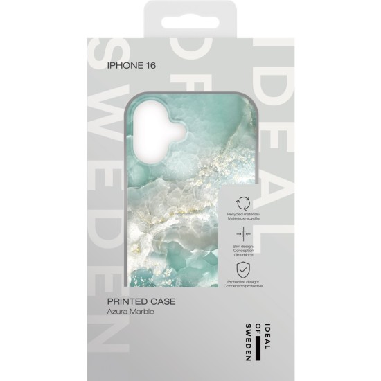 iDeal of Sweden Fashion Back Case priekš Apple iPhone 16 - Azura Marble - plastikāta aizmugures apvalks ar iebūvētu metālisku plāksni / bampers-vāciņš