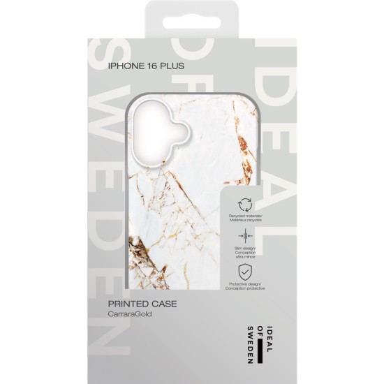 iDeal of Sweden Fashion Back Case priekš Apple iPhone 16 Plus - Carrara Gold - plastikāta aizmugures apvalks ar iebūvētu metālisku plāksni / bampers-vāciņš