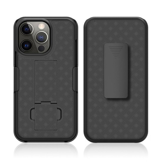 Holster Case priekš Apple iPhone 15 Pro - Melns - plastikāta apvalks no abām pusēm ar statīvu-turētāju / bampers-vāciņš