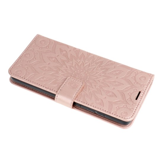 Forcell Mezzo Book Case priekš Samsung Galaxy S24 FE 5G S721 - Rozā Zelts / Mandala - sāniski atverams maciņš ar stendu un auklu / grāmatveida maks