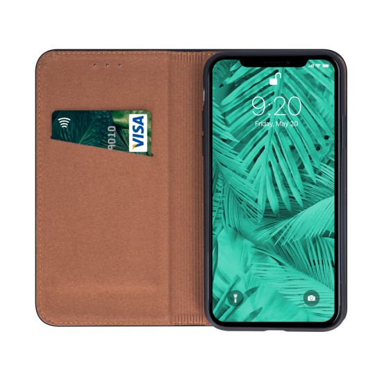 Genuine Leather Case Smart Pro priekš Samsung Galaxy S24 FE 5G S721 - Melns - dabīgās ādas maciņš sāniski atverams ar stendu
