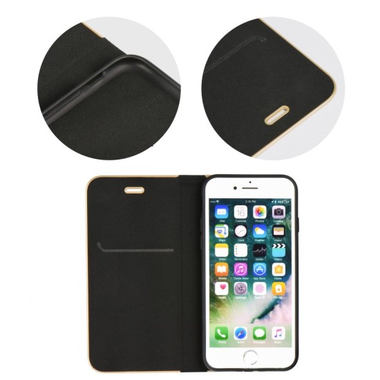 Luna Book Gold Case priekš Huawei P20 Lite - Melns - sāniski atverams maciņš ar magnētu un stendu