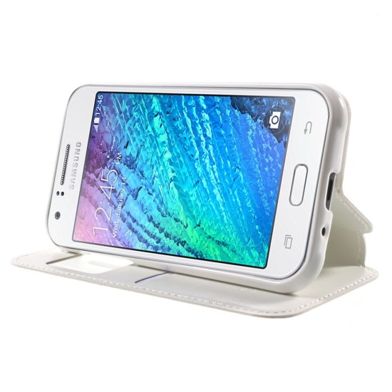 RoarKorea Noble View Samsung Galaxy J1 J100 Wake/Sleep - Balts - sāniski atverams maciņš ar stendu un lodziņu (ādas maks, grāmatiņa, leather book wallet case cover stand)
