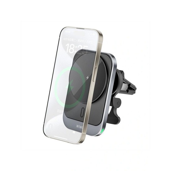 WiWU Universal Magnetic Air Vent Phone Holder with Wireless Charging 15W - Melns - Stiprinājums turētājs uz ventilācija režģa ar iebūvētu bezvadu lādētāju