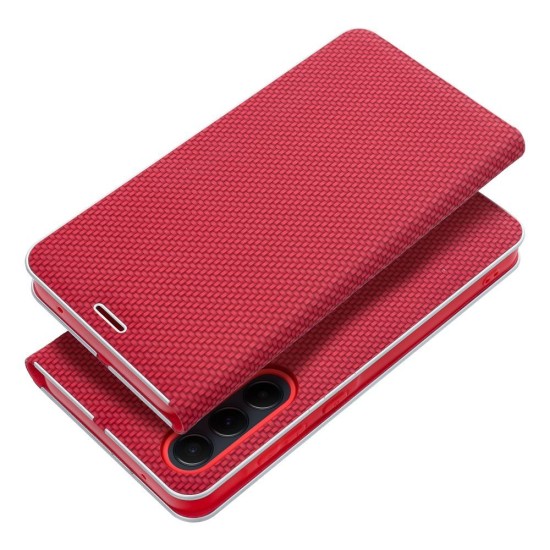 Luna Carbon Book Case priekš Samsung Galaxy A17 4G A175 / A17 5G A176 - Sarkans - sāniski atverams maciņš ar stendu / grāmatveida maks