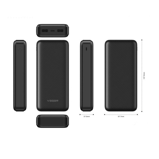 Veger 20000mAh Power Bank 2A with 2x USB output - Melns - Universāla ārējas uzlādes batereja lādētājs-akumulators