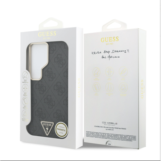 Guess 4G Strass Triangle Logo Gold Frame Magnetic Collection Back Case GUHMS26LP4GTDGMK priekš Samsung Galaxy S26 Ultra 5G - Melns - mākslīgās ādas aizmugures apvalks / bampers-vāciņš