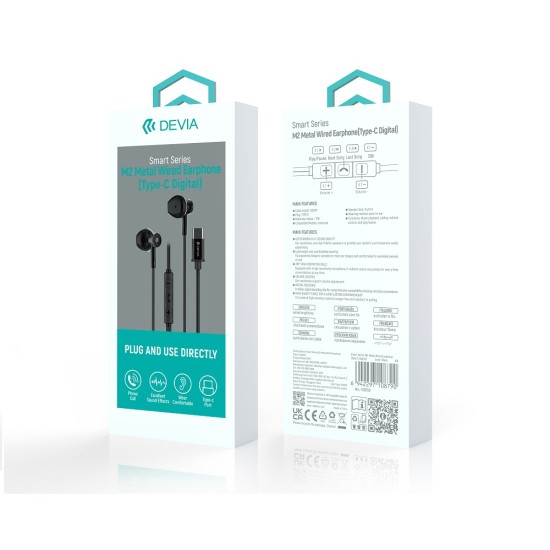Devia Smart M2 Digital Wired Stereo Earphones with Remote and Mic USB Type-C - Melnas - Universālas USB-C stereo austiņas ar mikrofonu un pulti