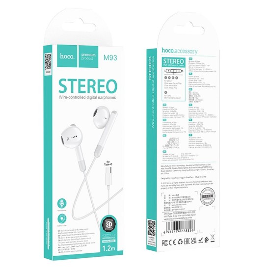 Hoco M93 Wired Stereo Earphones with Remote and Mic USB Type-C - Baltas - Universālas USB-C stereo austiņas ar mikrofonu un pulti