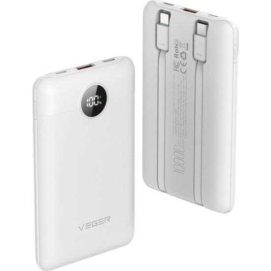 Veger 10000mAh QC 3.0 / PD 22.5W Power Bank with USB-C / Ligtning cable and LED display - Balts - Ārējas uzlādes batereja lādētājs-akumulators (Power Bank)