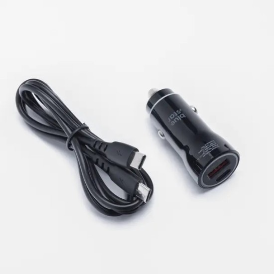 BlueStar Car Charger Type-C / USB ports QC 3.0 / PD 25W AFC PPS with Type-C to Type-C Cable - Melns - USB un Type-C ātrs auto lādētājs telefoniem un planšetdatoriem