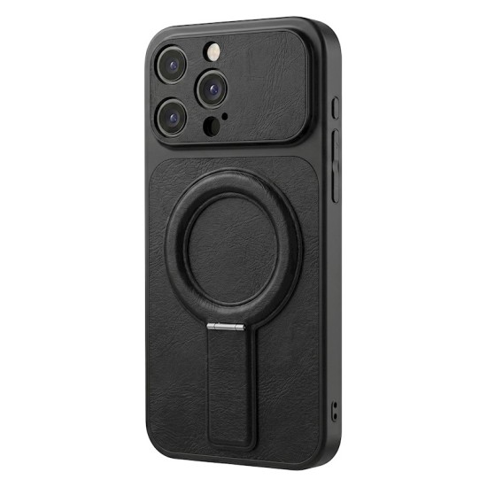 Luxgrip MagSafe Back Case with Stand priekš Apple iPhone 13 - Melns - mākslīgās ādas aizmugures apvalks ar statīvu