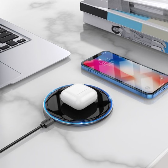 Hoco CW6 Pro Wireless Charger 15W with LED light - Melns - Induktīvs bezvadu USB lādētājs paliktnis